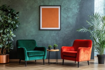 Serenity Lounge: Modern Living Room Interior with Sofa, Armchair, and Decorative Frame