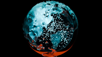 Futuristic Global world social network connection, dotted glowing abstract low poly Map of the planet earth, Big data technology, glowing particles, Blue hologram, international business, 3d render