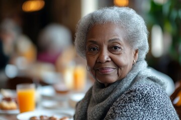 Portrait of senior African-American woman enjoying breakfast in dining room at nursing home, Generative AI