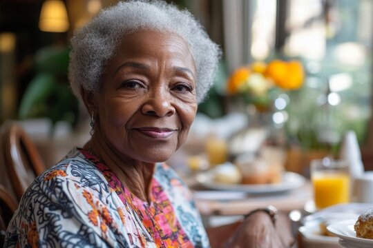 Portrait of senior African-American woman enjoying breakfast in dining room at nursing home, Generative AI