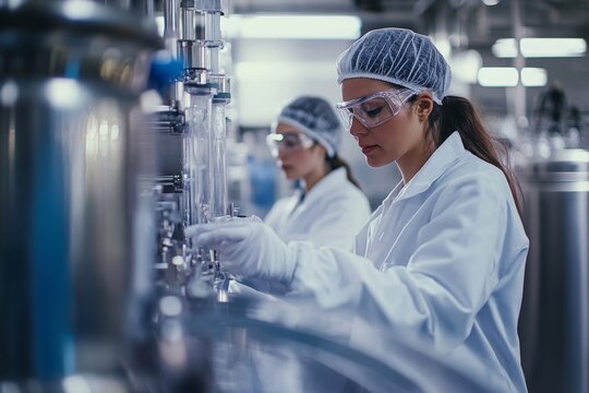 Two workers wearing lab coats operating equipment at food factory, Generative AI