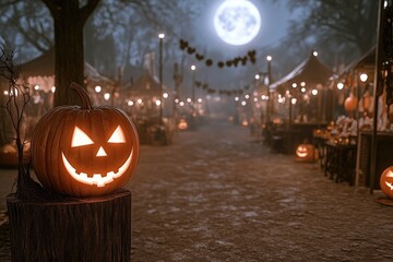 A spooky Halloween market filled with glowing pumpkins and creepy masks under a full moon