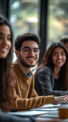 Fototapeta premium Portrait of multi-ethnic group of students in college library featuring boy in wheelchair in foreground, Generative AI