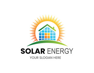 Creative Solar Energy Logo Featuring a Vibrant Sun, Modern House, and Innovative Solar Panels, Perfectly Symbolizing Sustainable Living and Clean Energy Solutions for a Brighter Future!