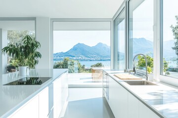 Fototapeta premium Modern Kitchen Design: Bright and Spacious Room with Panoramic Window View