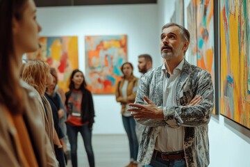 Professional gallery worker standing in front of group of tourists speaking about contemporary paintings and objects displayed at exhibition, Generative AI