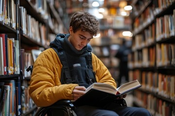 Portrait of disabled student in wheelchair choosing books while studying in college library, copy space, Generative AI