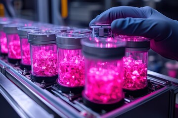 A gloved hand adjusts a device in a row of illuminated containers with red glowing contents.