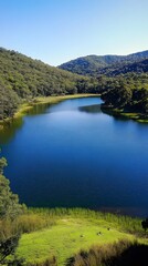 Fototapeta premium Landscape, Nature, Large Lake with Ducks and Boats, Lush Green, View from Above, Wallpaper, Cover and Screen for Smartphone, PC, Laptop, 9:16 and 16:9 Format