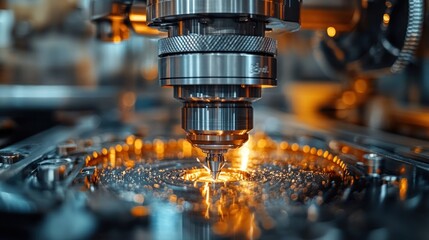 Close-up of a CNC machine drilling a metal part with sparks flying.