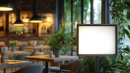 Modern blank screen kiosk template in bright restaurant interior. Digital marketing and design concept. Generative AI