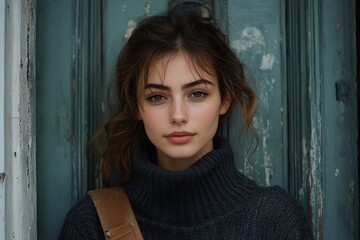 Fototapeta premium Young Woman Waiting In Front Of Closed Door, Generative AI