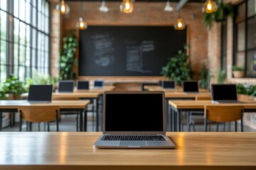 Background image of modern empty classroom equipped with laptops on large desk and blackboard on wall, copy space, Generative AI