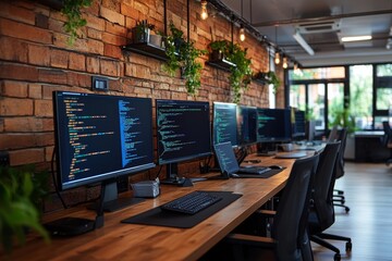Interior of empty modern software developer office with computers on desk programming language on screen, Generative AI