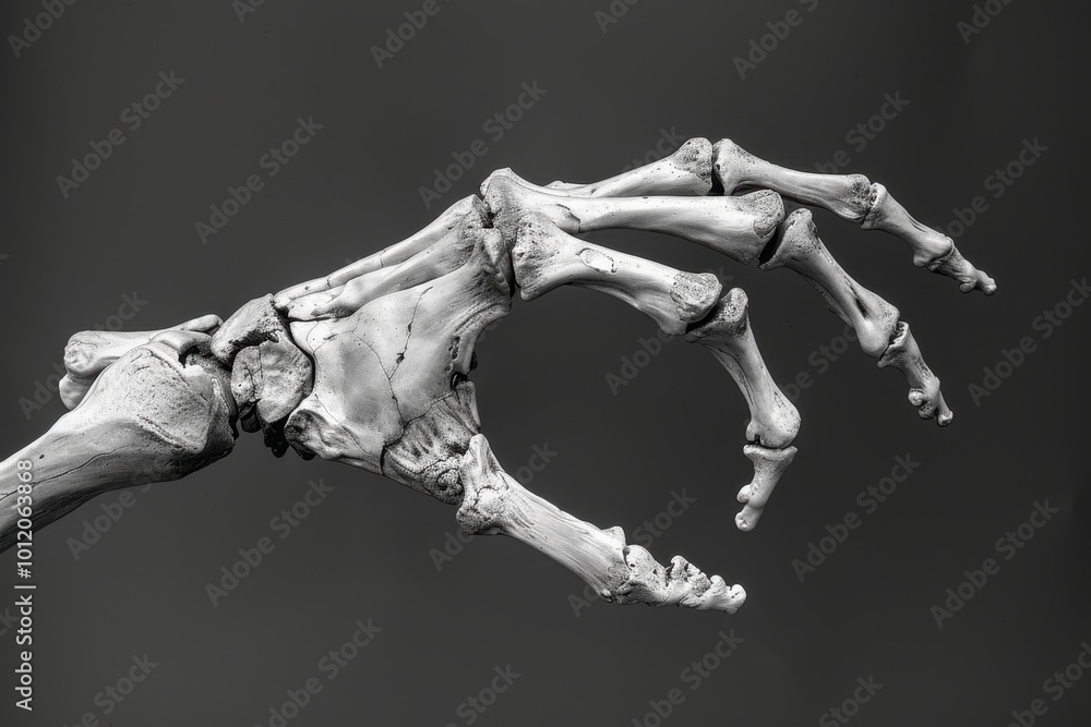 Poster detailed depiction of a human skeleton hand showcasing the intricate bone structure, set against a n