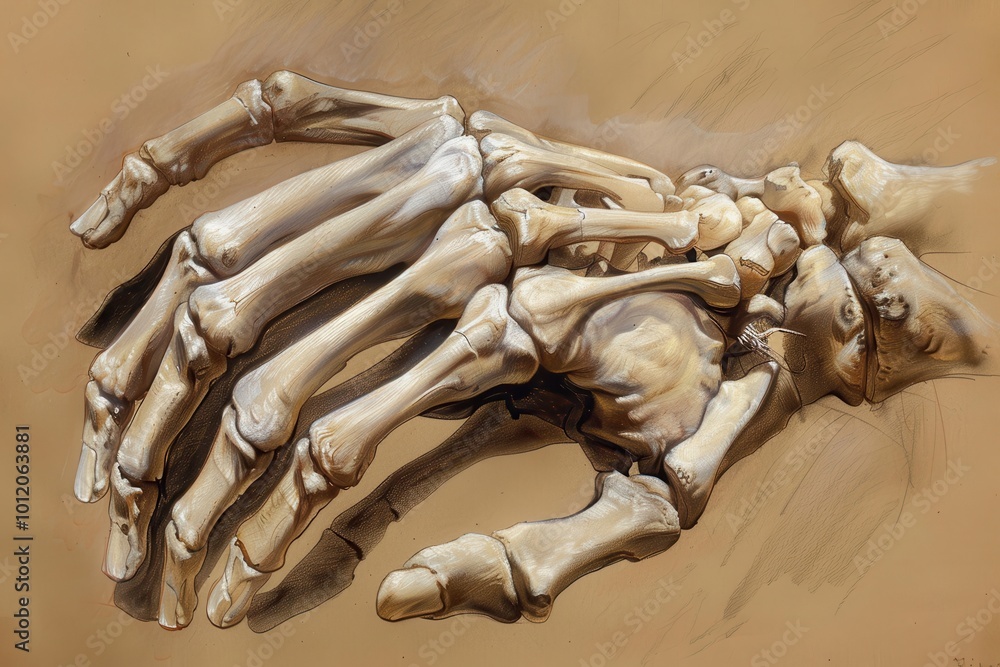Poster detailed depiction of a human skeleton hand showcasing the intricate bone structure, set against a n