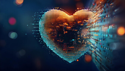 Obraz premium Heart-shaped figure dissolving into fragmented data blocks, symbolizing digital love fading away