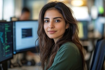 Portrait of calm higher-weight female Middle Eastern programmer in shirt of green color looking at camera, while sitting in chair at desk with multiple computer screens in, Generative AI