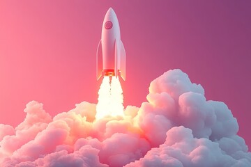 A rocket launching amidst clouds on a pink background, symbolizing startup growth and new business concepts. Generative AI