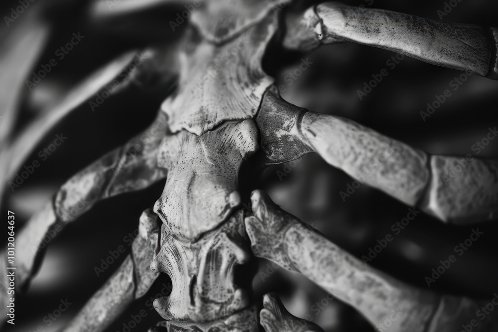 Poster Detailed close-up of a skeletal ribcage displaying the natural texture and structure, emphasizing the intricate design during a scientific examination