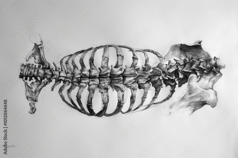 Poster Detailed close-up of a skeletal ribcage displaying the natural texture and structure, emphasizing the intricate design during a scientific examination