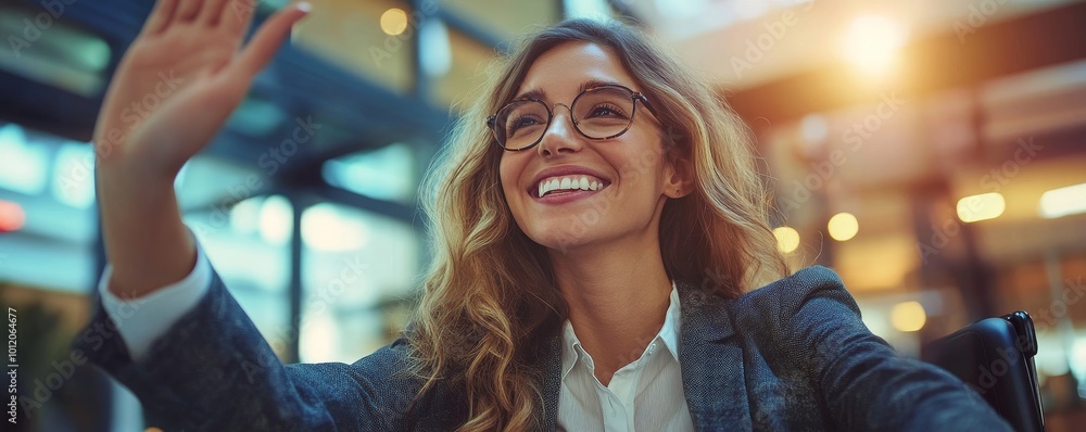 Wall mural disabled businesswoman giving high five to her partner, generative ai