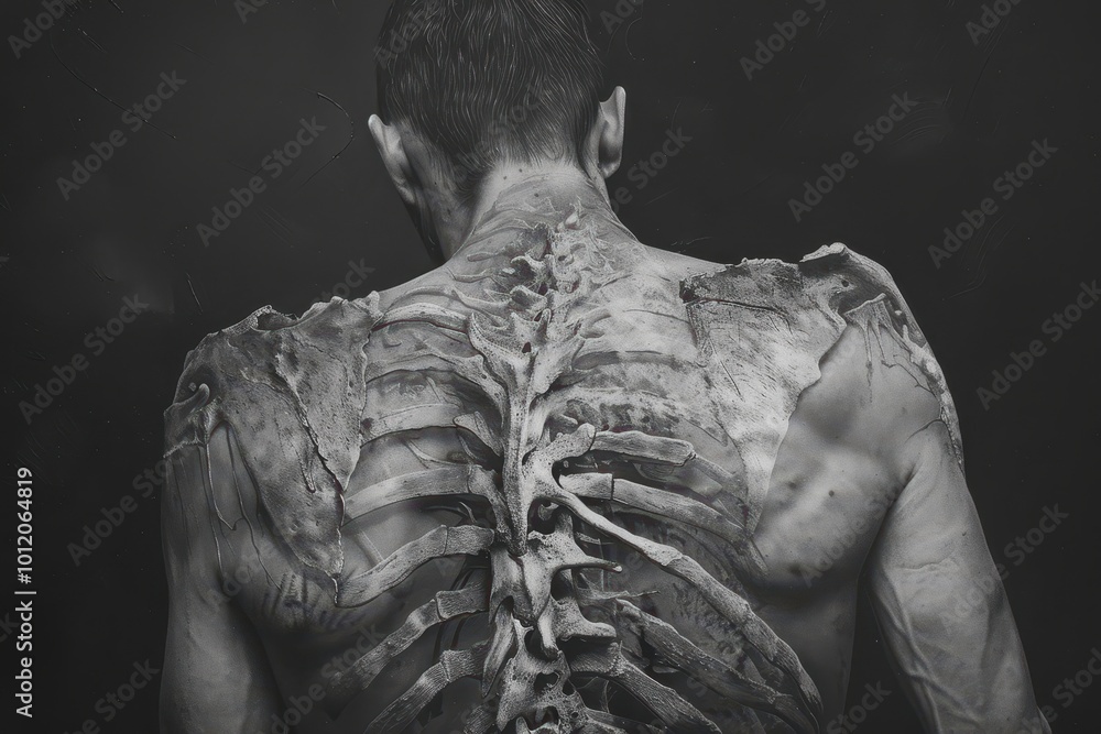 Poster A detailed view of a human skeleton against a dark abstract background highlighting the intricate structure of bones and ribs