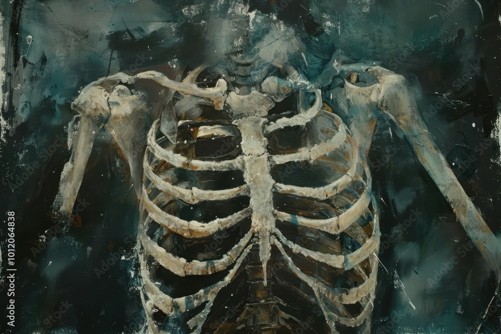 Poster A detailed view of a human skeleton against a dark abstract background highlighting the intricate structure of bones and ribs