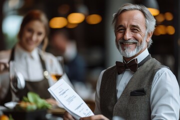 Obraz premium Portrait of mature gentleman ordering food in luxury restaurant with smiling waiter looking at him, copy space, Generative AI
