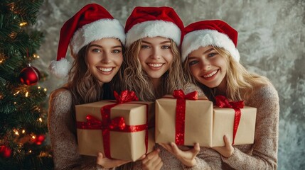 3 women in Santa hats hold holiday gifts.