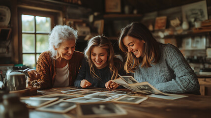Three women are sitting at a table looking at old photographs