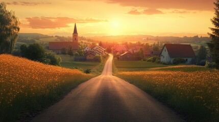 Obraz premium Golden Hour in a Quaint Village: Sunset View of Charming Farmhouses on Asphalt Road