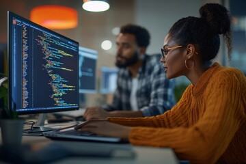 Side view of baffled female African American senior IT specialist helping higher-weight Middle Eastern trainee in fixing code error, while looking at laptop screen at work, Generative AI