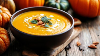 Pumpkin soup on wood