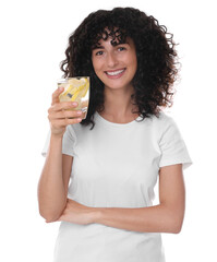 Woman with glass of lemon water on white background