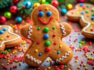 Obraz premium Delightful Gingerbread Man Cookie Decorated with Icing and Colorful Sprinkles for Holiday Treats
