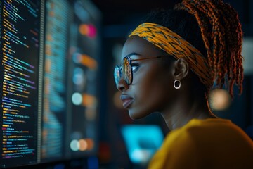 Obraz premium High-angle side view shot of African American female programmer working on computer reading multiple screens with code lines running, Generative AI