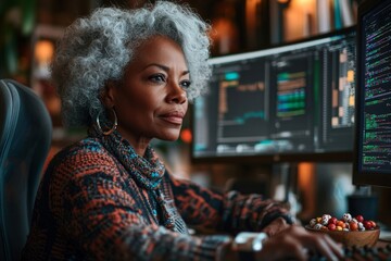 Fototapeta premium High-angle shot of thoughtful female African American senior IT specialist reading computer screen, while sitting at working desk with multiple monitors and candy bowl at hand in, Generative AI