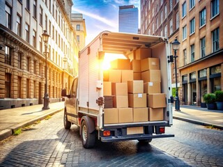 Delivery Vehicle Loaded with Packages Ready for Shipment on Urban Streets in Bright Daylight Conditions