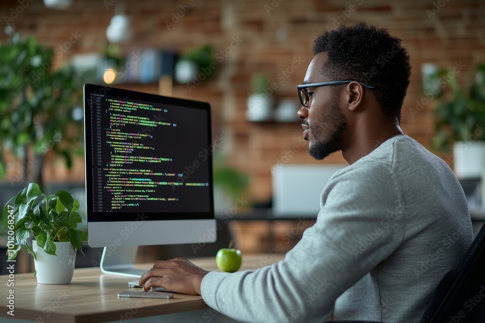 Canvas Prints back view of male african american senior it specialist in glasses code programming on computer whil