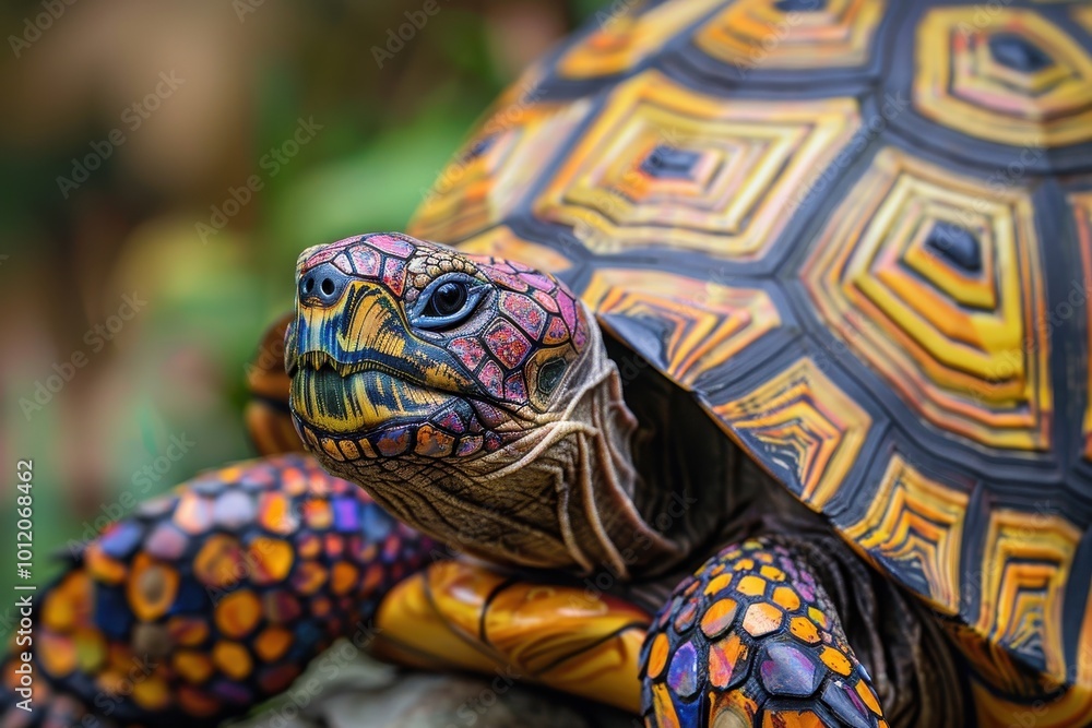 Aufkleber A close-up of a vividly patterned tortoise resting on a log in a lush, green environment, showcasing its colorful shell and intricate markings under natural sunlight