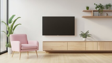 Contemporary Minimalist Living Room Interior with Pink Armchair and TV Shelf