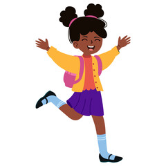 Smiling young African American girl. Vector colorful illustration of a schoolgirl isolated on white background. A pupil with a backpack jumps up. Girl in a skirt in a cartoon style, hand-drawn.