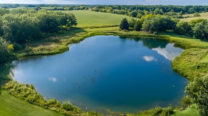 Landscape, Nature, Large Lake with Ducks and Boats, Lush Green, View from Above, Wallpaper, Cover and Screen for Smartphone, PC, Laptop, 9:16 and 16:9 Format