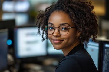 Medium portrait shot of curly female African American VR developer wearing glasses and orange shirt looking at camera while sitting at working desk with multiple computer screens, copy, Generative AI