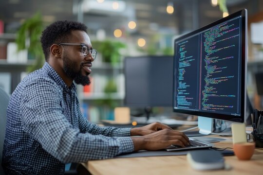 High-angle cropped shot of male African American employee in IT company typing on keyboard writing program code while sitting at working desk in, Generative AI