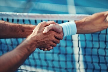 Two male tennis players shake hands at a local court during sunset after an intense match, showing sportsmanship and camaraderie