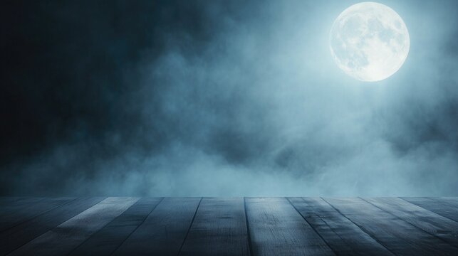 A polished wooden table illuminated by the eerie glow of a full moon on a misty Halloween night, copy space