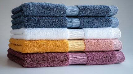 Beautifully folded and organized stack of soft towels in various colors isolated on a white background representing home and spa imagery
