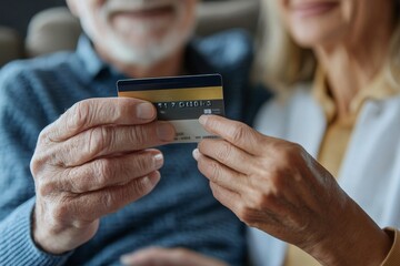 Close up of senior man holding credit card and learning to use online payment with nurse helping, copy space, Generative AI